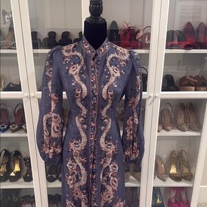 Zimmerman AUTHENTIC linen long Blue Floral Long-Sleeve Dress